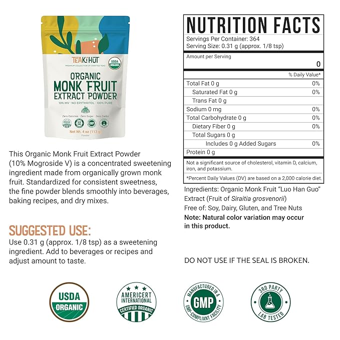 Pure Organic Monk Fruit Extract Powder No Erythritol 4oz 100% Monk Fruit Sweetener Powder for Keto and Paleo Diet No Aftertaste Zero Calories Zero Carbs Pure Monk Fruit Extract 364 Servings