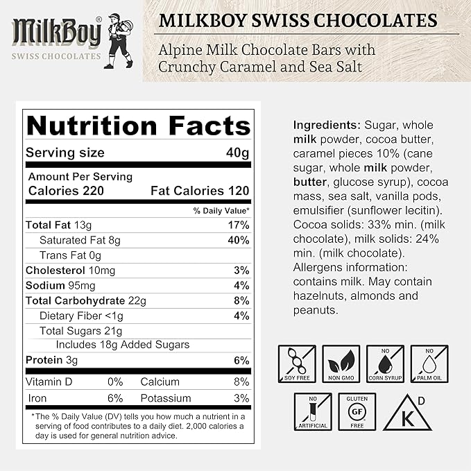 Milkboy Swiss Chocolates Milk Chocolates - Premium Alpine Milk Chocolate Bars with Crunchy Caramel &amp Sea Salt - Made in Switzerland - GMO Free - Each 1.4 oz - 20 Pack