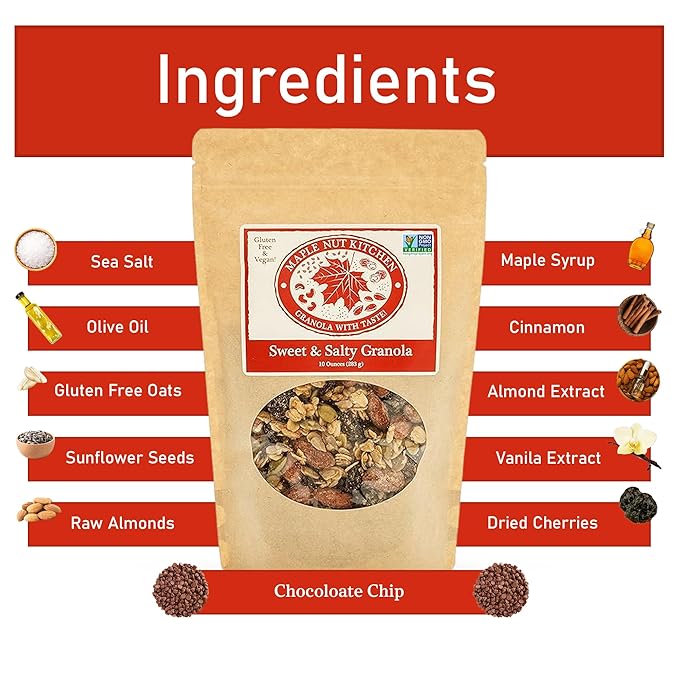 Maple Nut Kitchen Sweet &amp Salty Granola – 3 Pack | Gluten-Free Granola with Maple-Roasted Almonds Dark Chocolate Pumpkin Seeds &amp Cherries | Crunchy Oats | Low Sugar Healthy Breakfast Cereal