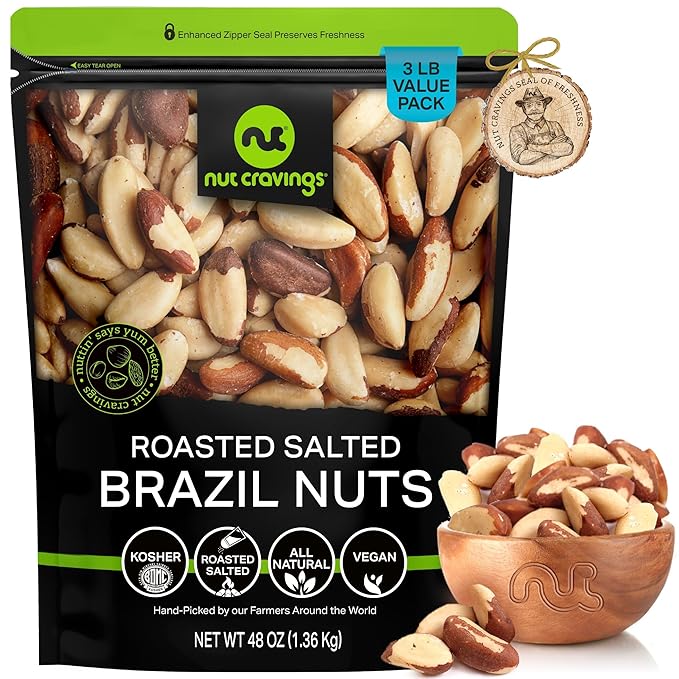 NUT CRAVINGS - Brazil Nuts Roasted &amp Salted - No Shell Whole (48oz - 3 LB) Bulk Nuts Packed Fresh in Resealable Bag - Healthy Protein Food Snack Food Assortments