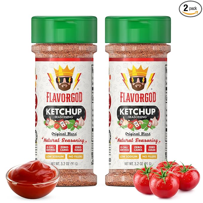 Flavor God 2 Bottles Ketchup Seasoning Mix Natural Healthy Spice Blend For Grilling Chicken Beef Seafood Vegetables Salad Tacos Pizza &amp Burgers Kosher Gluten &amp Dairy Free Vegan Keto F