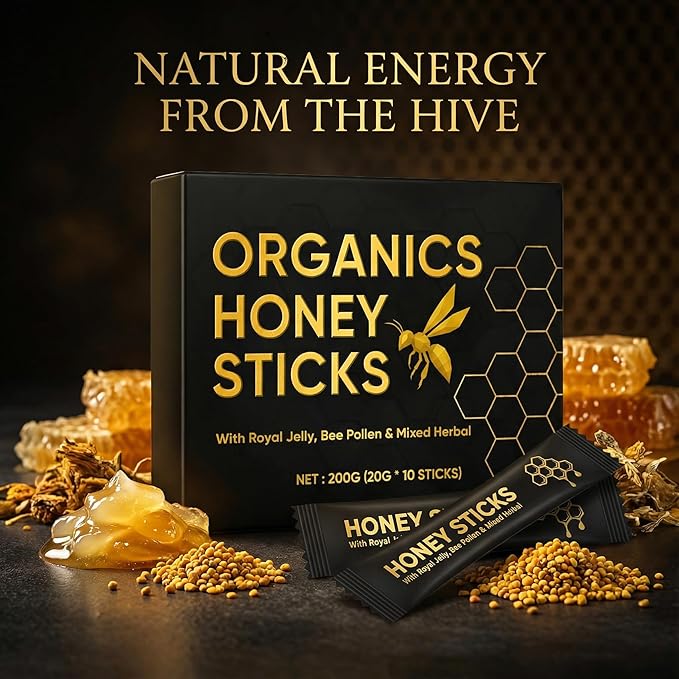 Organics Honey Sticks - Black Honey for Men Natural Energy &amp Vitality Packs Made from Royal Jelly Bee Pollen &amp Powerful Herbal Extracts Male Wellness &amp Daily Support - 10 Sticks