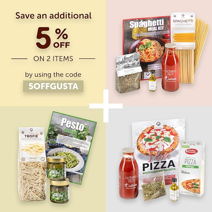 Gusta Trofie al Pesto Pasta Meal Kit - Made in Italy - Gourmet Italian Food Lovers - Italian Gift Basket Gourmet Pasta - Authentic Italian Recipe - Makes 5 Meals with Recipe Booklet