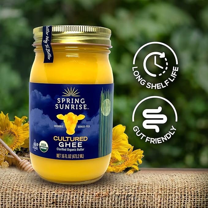 Spring Sunrise Grass Fed Organic Cultured Ghee - USDA Certified Clarified Butter - Keto &amp Paleo Friendly Non-GMO Gluten &amp Lactose Free Cooking Oil - Sustainably Sourced 16 oz Jar