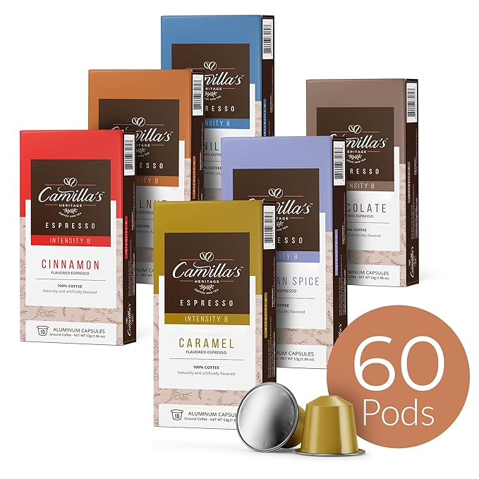 Camilla’s Heritage - Intensity 8 Flavored Espresso Coffee Variety Pack (Caribbean Spice Cinnamon Hazelnut Chocolate Caramel &amp Vanilla Espresso Cups) 60 Coffee Pods