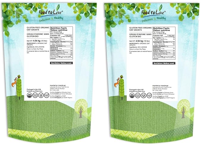 Food to Live Gluten Free Organic Oat Groats 20 Pounds – 100% Whole Grain Non-GMO Seeds Raw Non-Irradiated Vegan Bulk Berries. High in Protein Dietary Fiber Iron. Low Glycemic. Made in USA