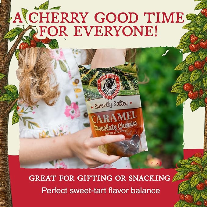 Cherry Republic Caramel Milk Chocolate Cherries 12 oz - Sweetly Salted Caramel Candy Made with Real Michigan Dried Cherries Handcrafted Sweet &amp Tart Milk Chocolate Candy for Gifting or Snacking