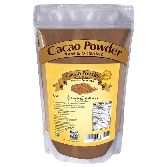 Pure Natural Miracles Cacao Powder - Organic Raw Unsweetened Cocoa - 8 oz