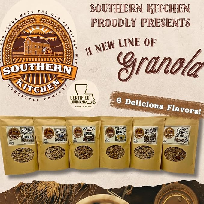 Southern Kitchen Granola 8oz Variety Pack - Vanilla Almond - Blueberry - Coconut Almond - 3 Pack - Certified Louisiana