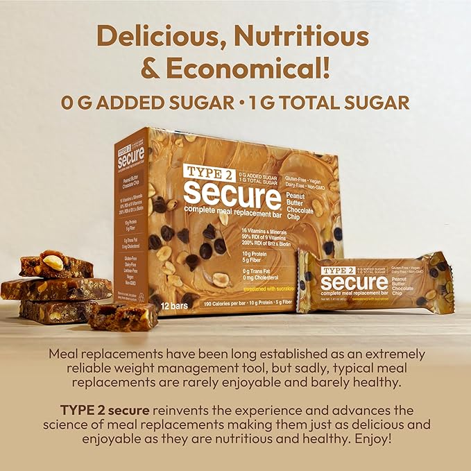ANDREW LESSMAN Type 2 Secure Complete Meal Replacement Bars (Sucralose) – Peanut Butter Chocolate Chip – 36 ct box – 10g Protein 0g Added Sugar 16 Essential Vitamins &amp Minerals Gluten-Free Veg