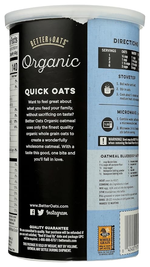 Better Oats Organic Raw Pure &amp Simple Quick Oats Non GMO 16 Ounces (Pack Of 12)