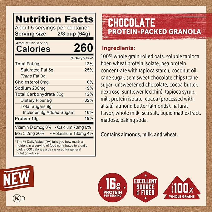 Kodiak Cakes Granola Pouch Chocolate High Protein 100% Whole Grains (Pack of 5 pouches)