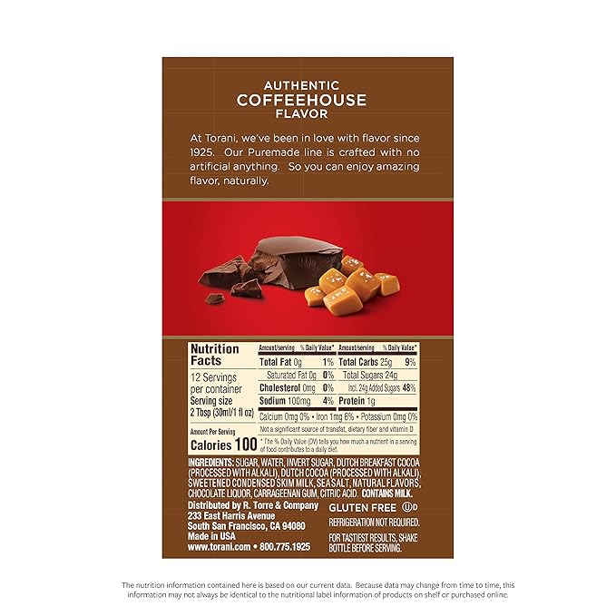 Torani Puremade Sauce Salted Chocolate Caramel 16.5 Ounces (Pack of 4 - Packaging May Vary)