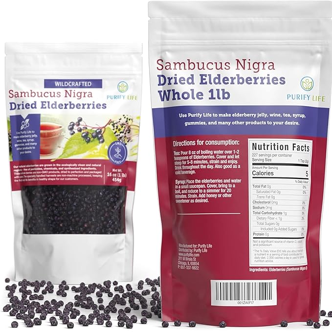 Dried Elderberries - 1lb Bulk - Hand-Sorted Wildcrafted Natural Non-GMO Whole European Immune System Support for Black Elderberry Syrup Gummies Jelly Tea Wine Raw Sambucus One Pound