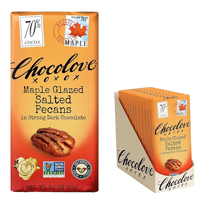 Chocolove Maple Glazed Salted Pecans Dark Chocolate Bars | 70% Cocoa | Crunchy Pecans | Premium Belgian Chocolate | Non GMO Rainforest Alliance Certified 3.2oz Bar (12 Pack)
