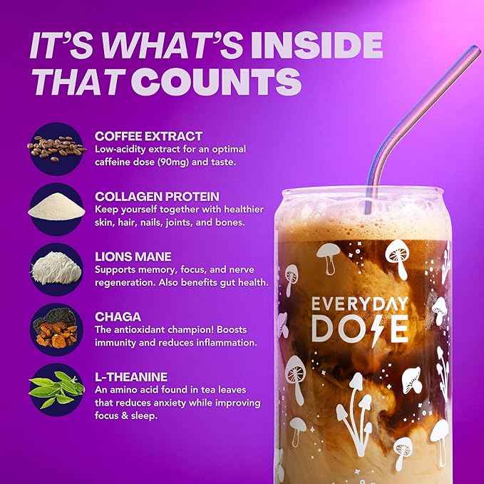 Everyday Dose Bold Medium Roast Mushroom Coffee 90mg Caffeine per serving with Grass-Fed Collagen Chaga Lions Mane &amp L-Theanine for Better Focus Energy Digestion Skin and Immunity 30 Serving