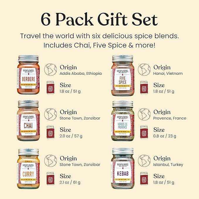 Burlap &amp Barrel Spices of the World 6-Pack Gift Set- As Seen on Shark Tank! Travel the World With 6 Delicious Spice Blends- Includes Chai Five Spice &amp More - 6 Full Size Jars