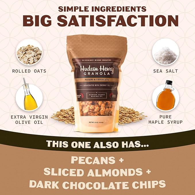 Hudson Henry Chocolate Pecan Granola for Yogurt Snacking &amp Cereal | Dark Chocolate Granola with Pecans &amp Oats | Gluten Free Non-GMO Small Batch Baked | 3 Pack (12 oz Bags)