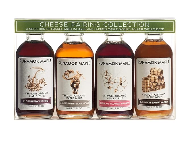 Runamok Organic Vermont Maple Syrup Sampler | Cheese Pairing Collection | 2 oz (4 count) | 60mL | Barrel-aged Infused and Smoked Organic Maple Syrup Varieties