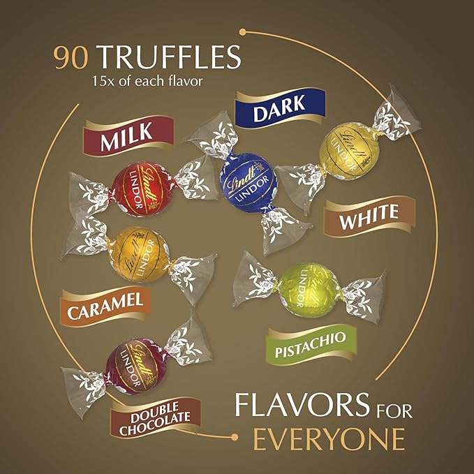 Lindt LINDOR Assorted Chocolate Truffles 90 Count Gift Box Chocolate Candy with Smooth Melting Truffle Center 38.4 oz. Box