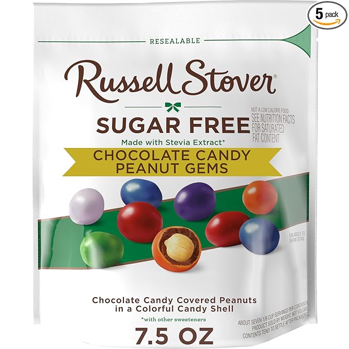 Russell Stover Sugar Free Chocolate Candy Coated Peanut Gems 7.5 Ounce Bag (Pack of 5)