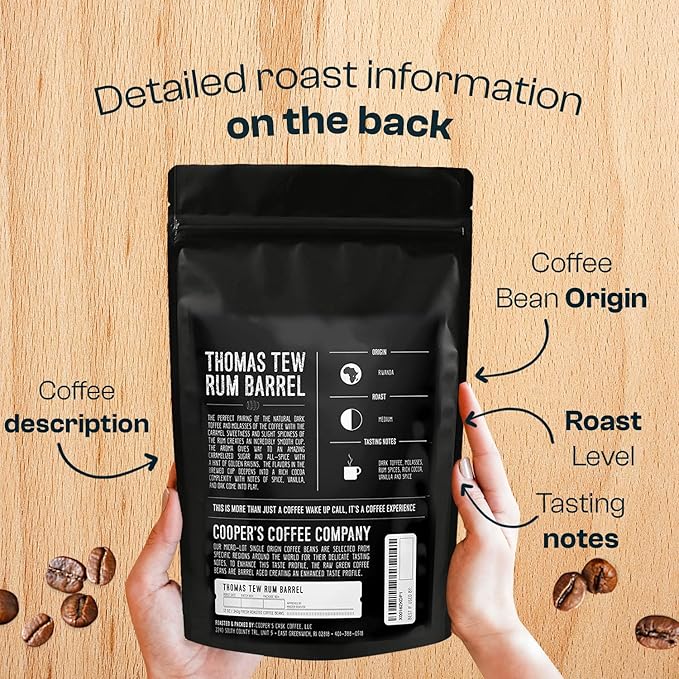 Rum Barrel Aged Coffee Single-Origin Rwandan Beans Aged in Rum Barrels Medium Roast Whole Bean 2 lb