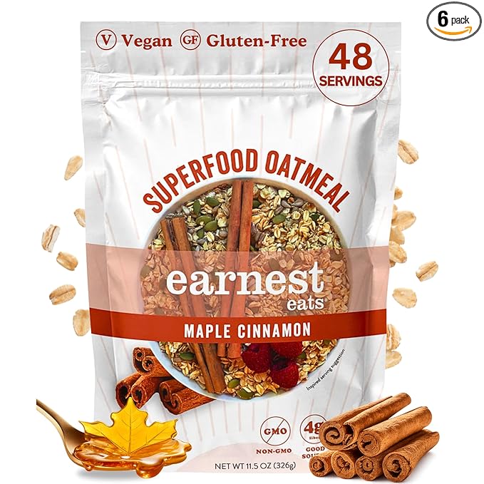 Earnest Eats Superfood Oatmeal – Maple Almond Cinnamon – Vegan Gluten-Free 6g Plant Protein 4g Fiber No Added Sugar 48 Servings Total (6 Pack)