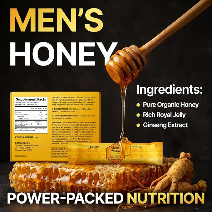 Mens Gold Honey - Royal Jelly Honey for Men Extra Strength Quality Herbal Superfood Mix - Raw &amp Natural Energy &amp Power Supplement No Added Sugar - 24 Individual Packets 10g