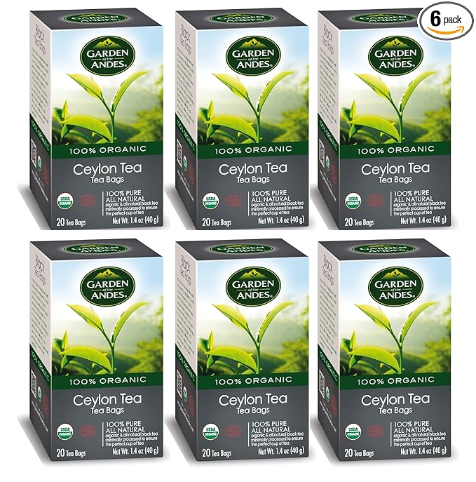Garden of the Andes - Organic Ceylon Black Tea - 20 Tea Bags per Box Pack of 6 (120 Tea Bags) - Estate-Grown Single-Origin - Robust Aromatic Flavor Traceable Farm-to-Cup