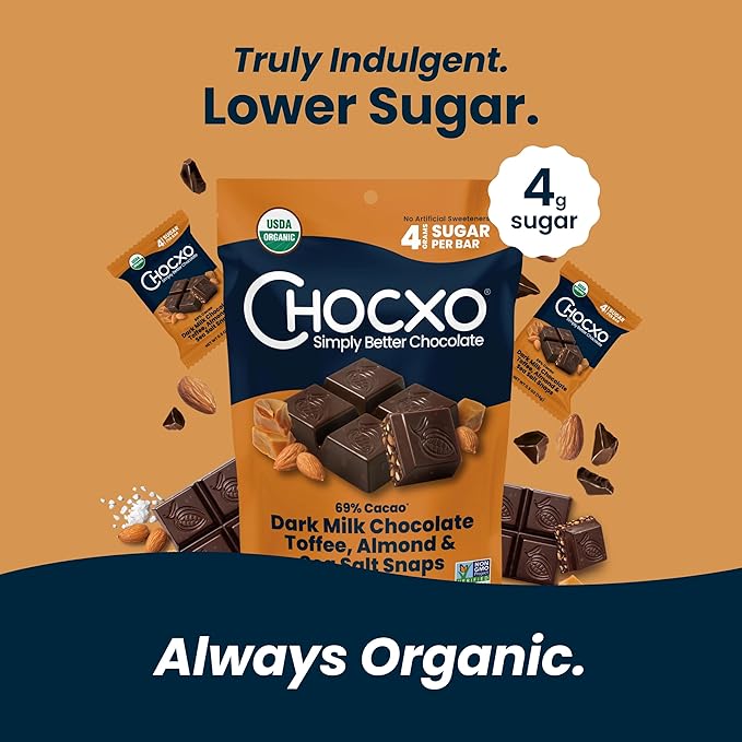 Chocxo Dark Milk Chocolate Toffee Almond &amp Sea Salt Snaps - Low in Real Sugar Organic Non-GMO Gluten Free &amp Kosher No Artificial Sweeteners or Sugar Alcohols 3.45 oz (Pack of 4)