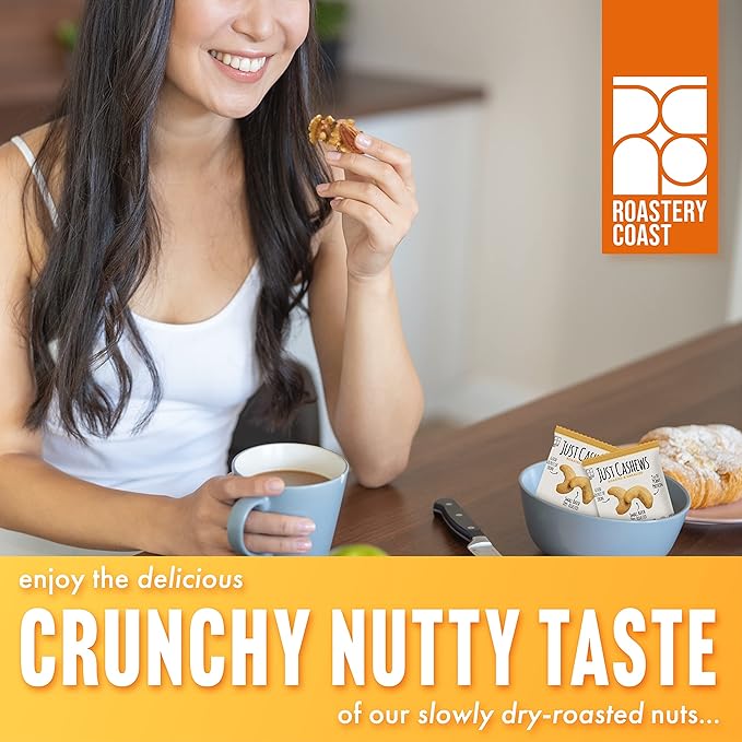 Roastery Coast - Just Cashews Unsalted | Individually wrapped snack (1 Oz each) | Whole Unsalted Cashews | Non-GMO Gluten Free Kosher | Cashew Nuts | Gourmet Snack | 48 Packs