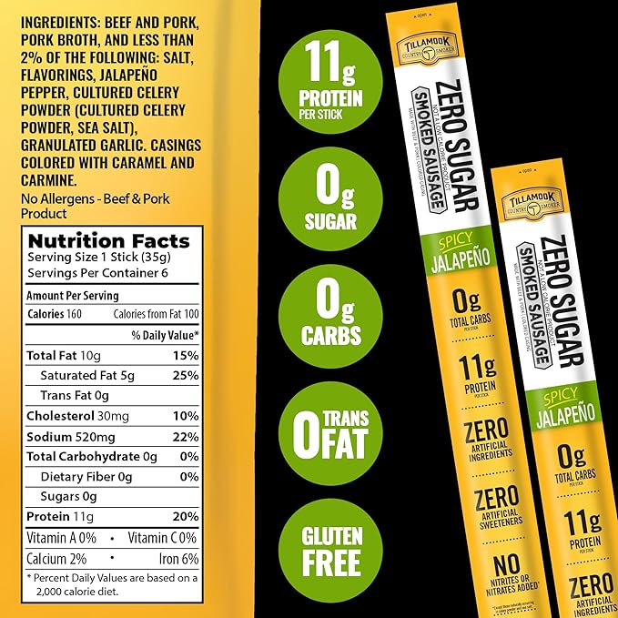 Tillamook Country Smoker Zero Sugar Beef &amp Pork Sticks Variety Pack (18 Count) - Original Spicy Jalapeno &amp Teriyaki Flavors Keto-Friendly Real Hardwood Slow-Smoked 11g Protein Per Serving
