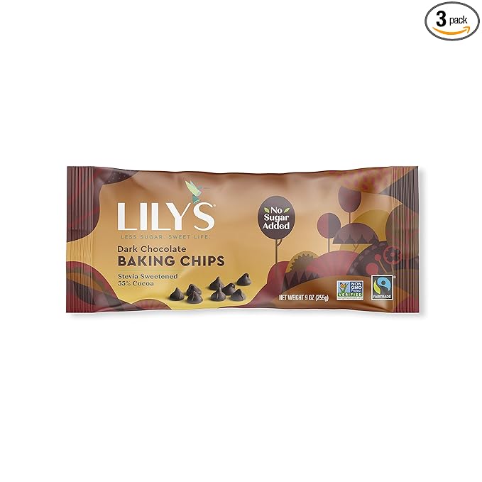 Dark Chocolate Chips by Lily's | Stevia Sweetened No Added Sugar Low-Carb Keto Friendly | 55% Cocoa | Fair Trade Gluten-Free &amp Non-GMO | 9 ounce 3-Pack Brown 4001A3