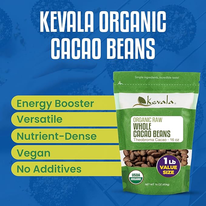 Kevala Organic Cacao Beans - Sun Dried Natural Beans for Brewing Sugar Free Base for Homemade Chocolate Nutritious Addition to Breakfasts and Drinks Vegan Option with No Additives 1 lb 16 oz