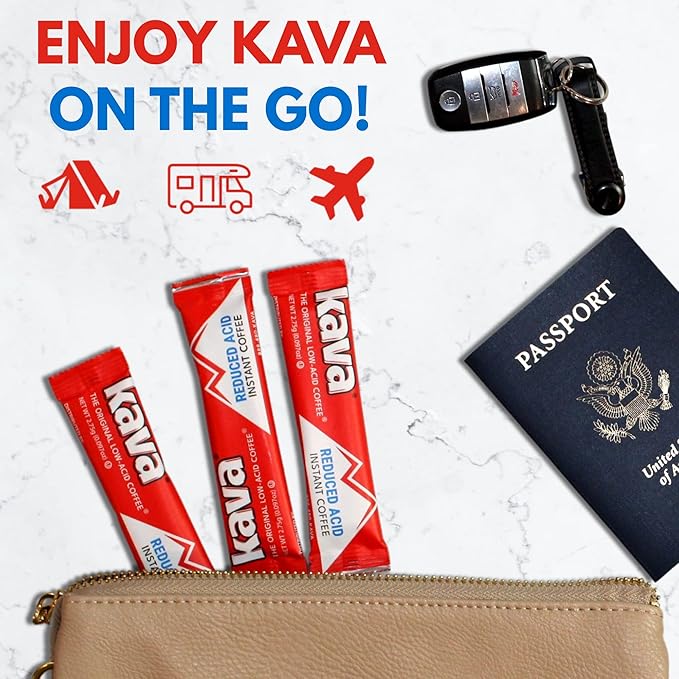 Kava Low Acid Instant Coffee Gift Set 4 Ounce Glass Jar &amp 20 Single Serve Stick Packets for On-The-Go &amp Travel