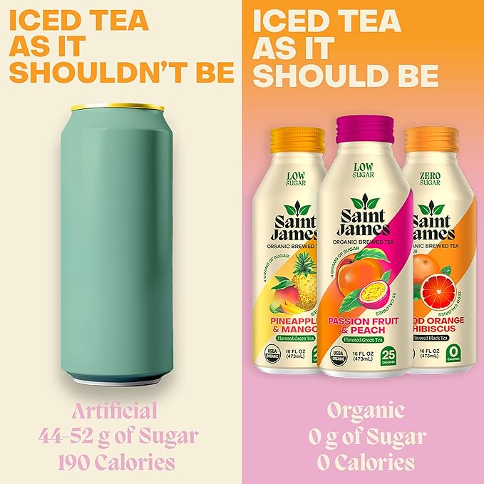 Saint James Iced Tea - Organic Green &amp Black Tea - Non GMO Gluten Free Low Calorie &amp Low Sugar - Paradise Variety Pack 12 Pack (16 fl oz each)