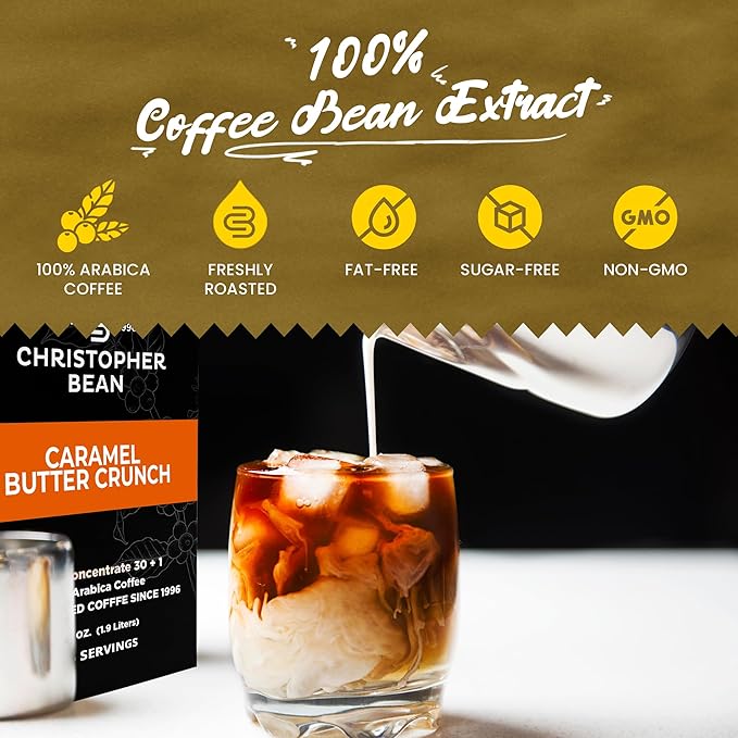 Christopher Bean Coffee - 396 servings 30 to 1 Blend Bag in Box Liquid Instant Coffee or Cold Brew Coffee Concentrate - Hot or Iced Coffee - Caramel Butter Crunch