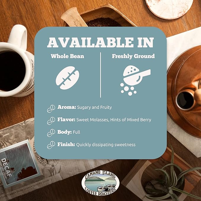 Camano Island Coffee Roasters Decaf Espresso Blend Whole Bean 12oz Fresh Dark Roast Swiss Water Processed USDA Organic Fairly Traded Shade Grown Top 1% Arabica Sweet Molasses Mixed Berry Flavor