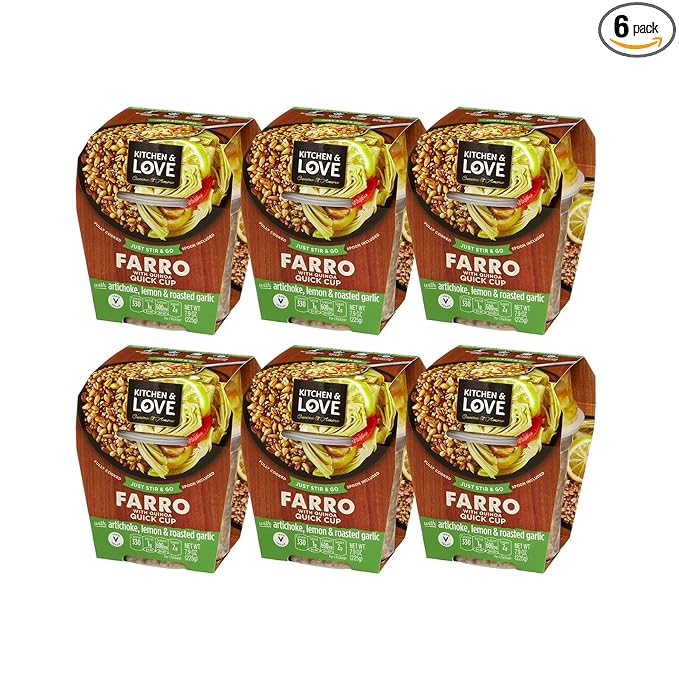 Kitchen &amp Love Cooked Farro Artichoke Lemon &amp Roasted Garlic Ready to Eat Quick Cups Shelf Stable Non Gmo Dairy Free Plant Based Kosher Vegan Vegetarian 7.9 Oz (6-Pack)