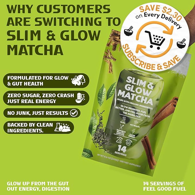 Slim &amp Glow Matcha Latte Powder – Collagen Peptides Organic Matcha Inulin Prebiotic Fiber Green Tea Extract Biotin – Gut Health Craving Control – 14 Servings