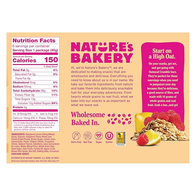 Nature's Bakery Oatmeal Crumble Bars Raspberry Lemon Real Fruit Vegan Non-GMO Breakfast Bar 6 boxes with 6 twin packs (36 twin packs)
