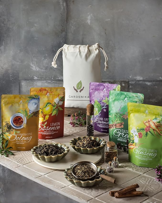 Gardenika Organic Loose Leaf Tea Sampler - Caffeinated - Black and Green Leaves Variety - Kosher No Natural or Artificial Flavors - 5 Pack