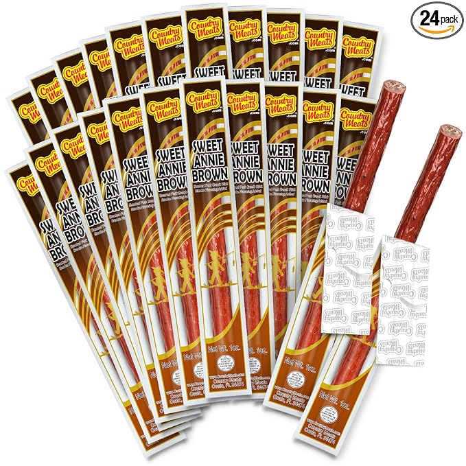 Country Meats Meat Sticks 0 Trans Fat USDA Certified Good Source of Protein Carb Conscious Snack (24 Meat Sticks Sweet Annie Brown)