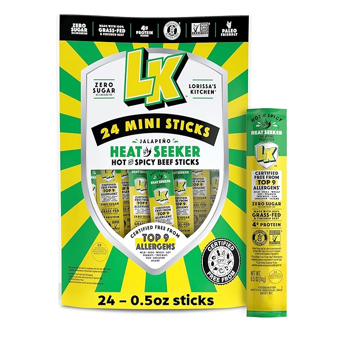 Lorissa's Kitchen Heat Seeker Jalapeno Mini Beef Sticks - (Pack of 24) 0.5 oz Meat Sticks - Ready to Eat Protein Snacks - Free from Top 9 Allergens - Made with Grass-Fed &amp Finished Beef - Zero Sug