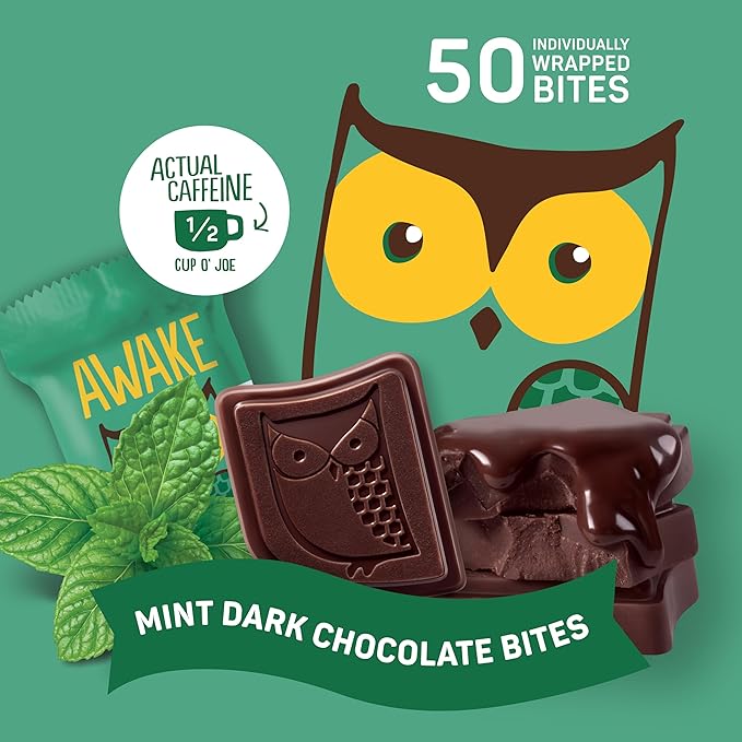 AWAKE - Caffeinated Chocolate Bites - Mint Dark Chocolate 50 Bites - 50mg Caffeine - Individually Wrapped Energy Bites - Coffee Alternative - Fairtrade Gluten Free Non GMO - 0.48oz