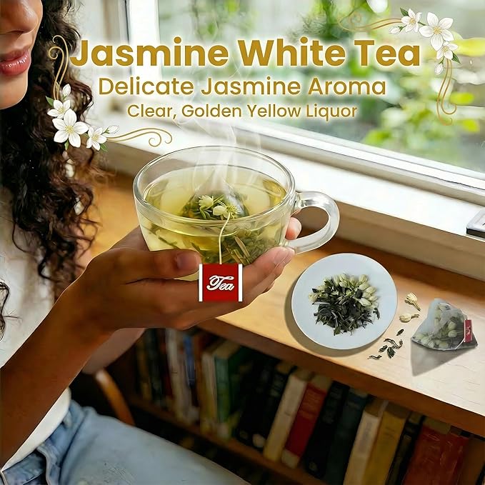 ADMIRINGAZELAND Jasmine White Tea Bags - 30 Count Fujian White Peony Leaf &amp Real Jasmine Flowers Blend with Pyramid Bags Morning &amp Afternoon Chinese Tea Gift for Women &amp Men 2.1oz