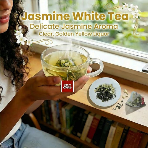 ADMIRINGAZELAND Jasmine White Tea Bags - 30 Count Fujian White Peony Leaf &amp Real Jasmine Flowers Blend with Pyramid Bags Morning &amp Afternoon Chinese Tea Gift for Women &amp Men 2.1oz