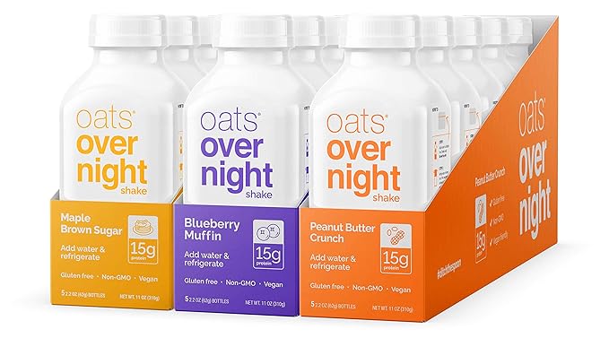 Oats Overnight Peanut Butter Crunch Bottled Shake - Gluten Free Non-GMO Vegan Friendly Breakfast Meal Replacement Shake with Powdered Oat milk. 15g of Protein (10 Pack)