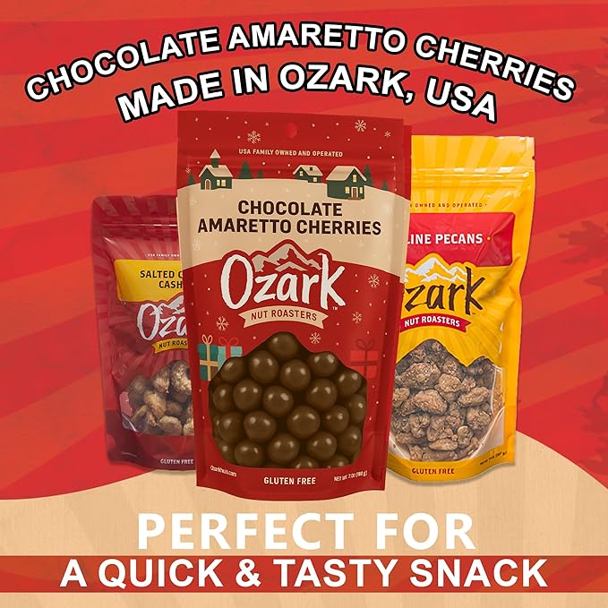 OZARK NUT ROASTERS: Chocolate Amaretto Cherries Festive Seasonal Christmas Packaging World-Class Gourmet Milk Chocolate Coated Cherries Resealable Pack (7 oz)