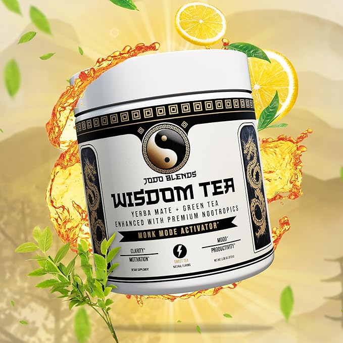 Yerba Mate Focus Tea Powder for Men - Daily Nootropic Drink for Clean Energy Focus &amp Mood Support | Powered by Citicoline L-Theanine L-Tyrosine &amp Lion’s Mane | Wisdom Tea - Sweet Tea - 30 S